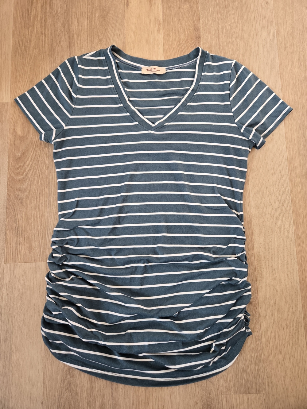 Full Moon Maternity Striped V-Neck Tee in Teal and White
